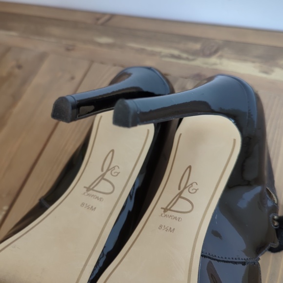 Black Patent Leather Tear Drop Scalloped Edge Open Toe Heels - Picture 12 of 12